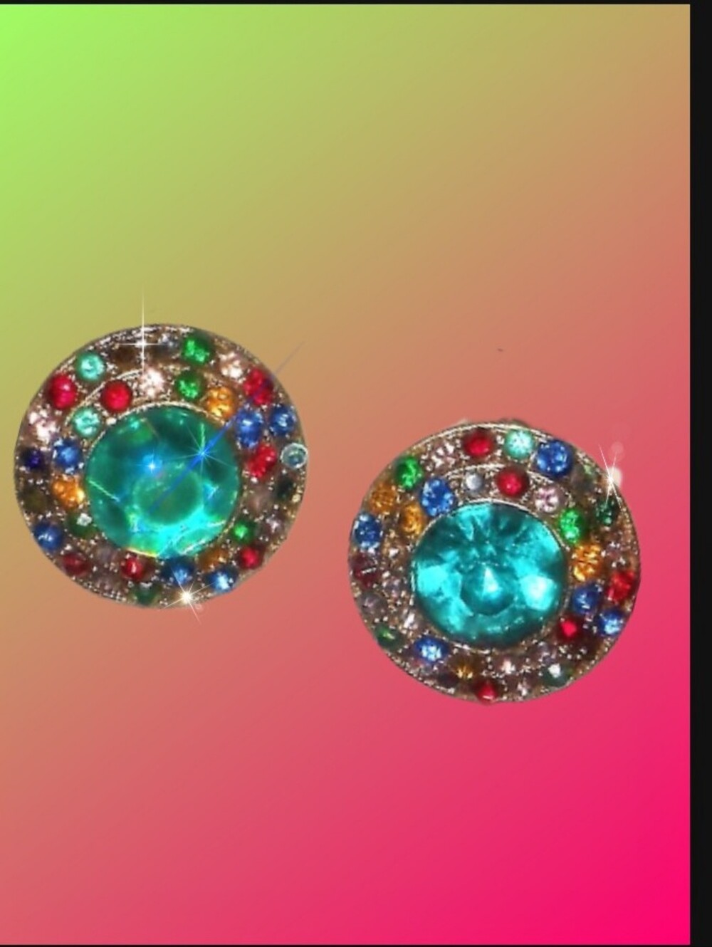 Vintage Screw-On Green & Multicolored Rhinestone Earrings
